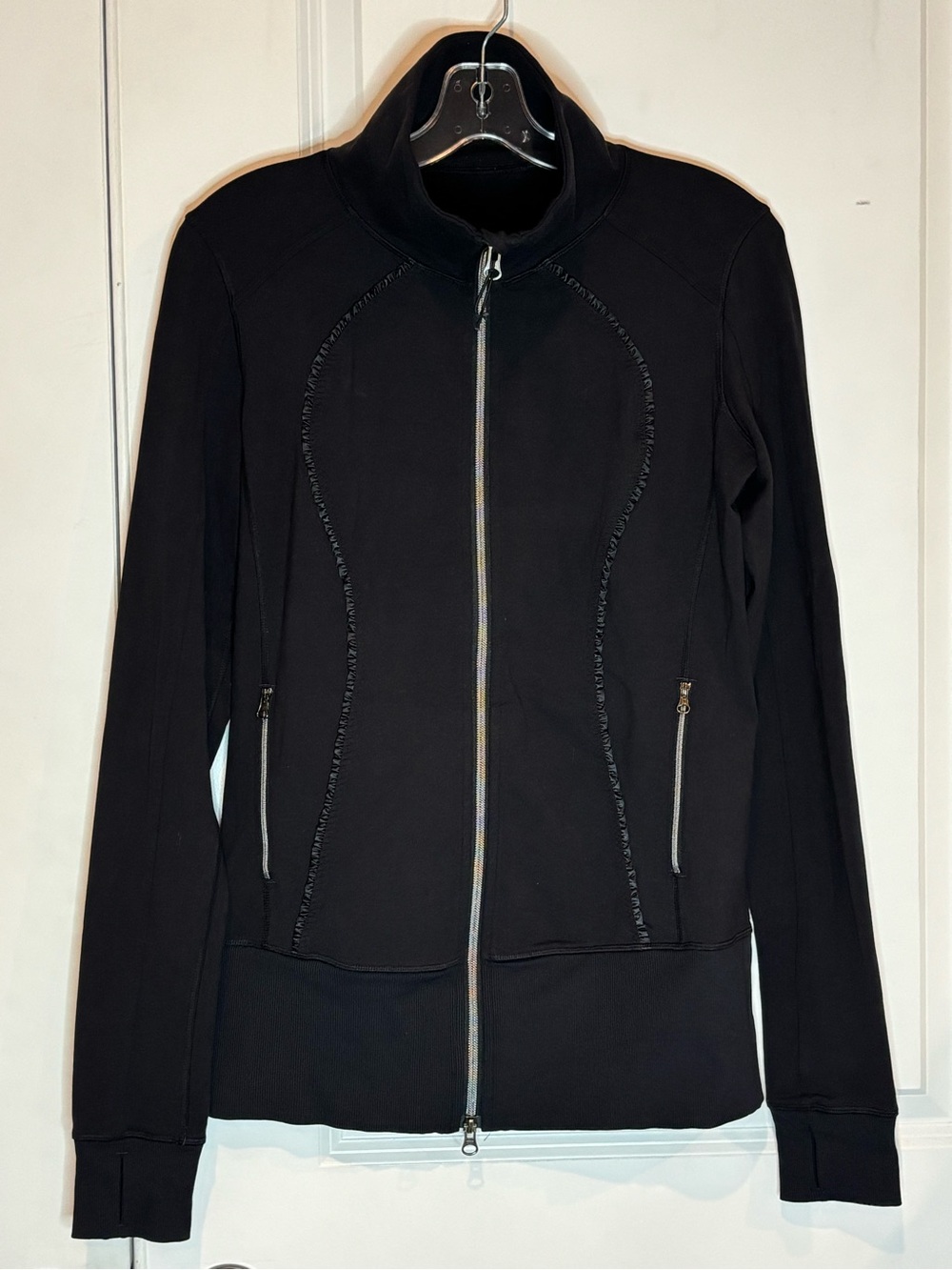 Lululemon Black Mock Neck Full Front Zip Ruffle Trim Long Sleeve Light Jacket 8